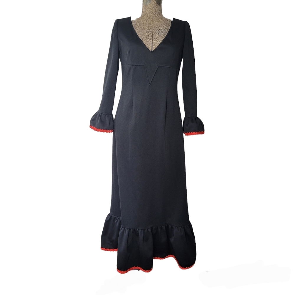 Vintage 1960's black maxi dress with red trim - Picture 1 of 14
